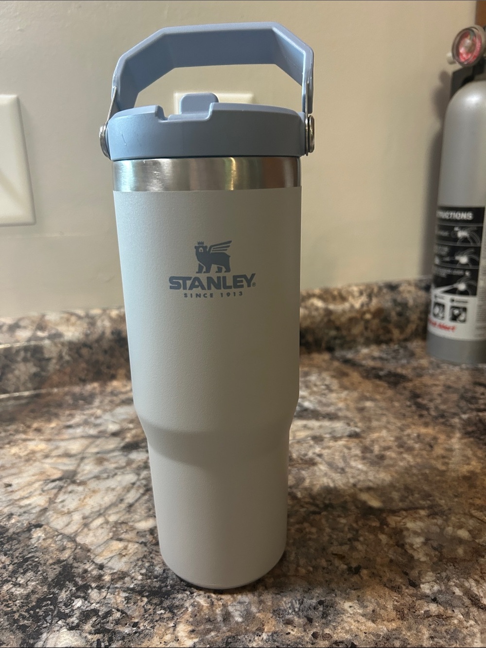 Stanley Light Gray Travel Tumbler with Pale Blue Handle